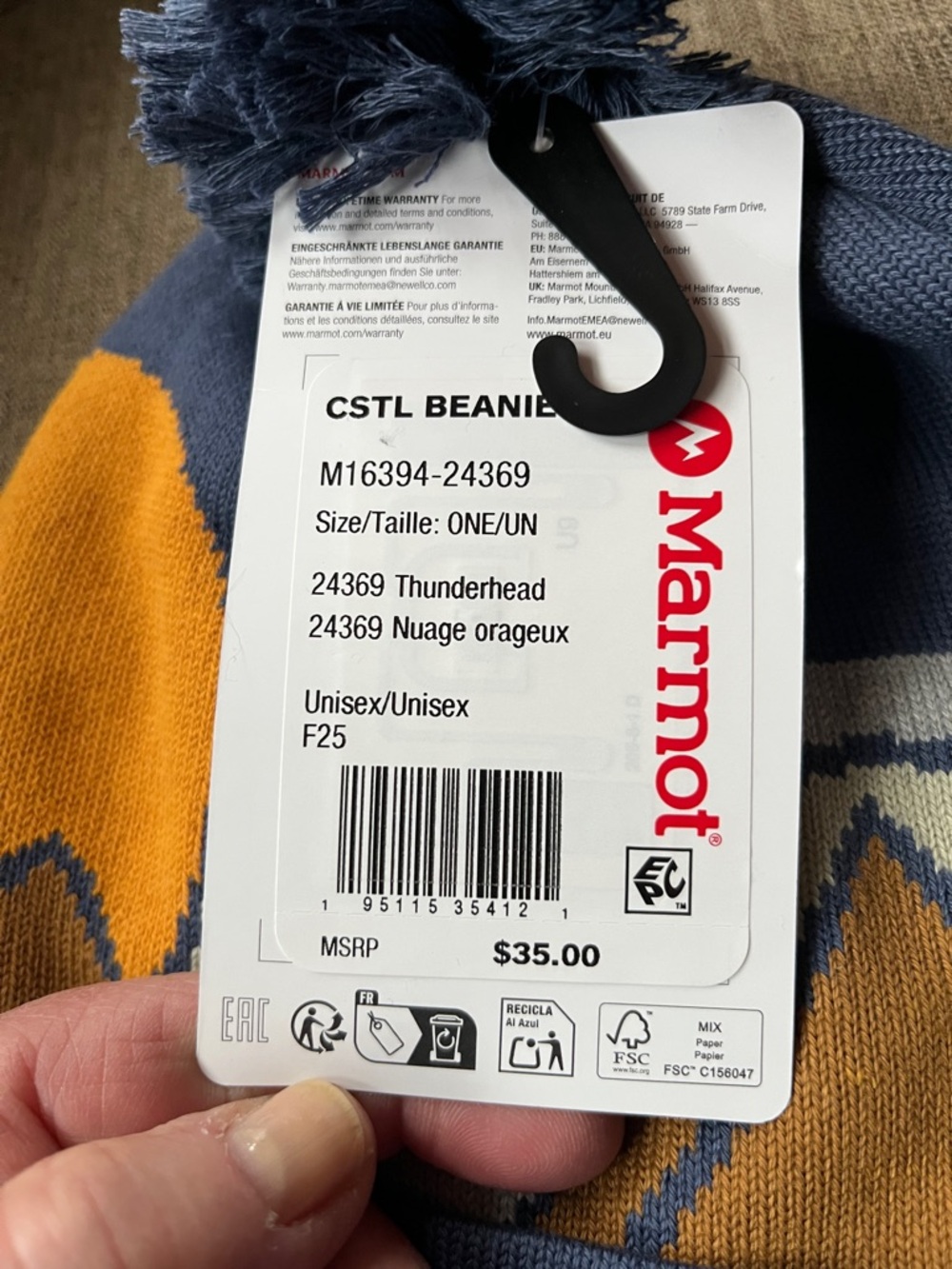 Marmot Navy Pom Knit Beanie with Yellow & Cream Mountain Design - Picture 2 of 6